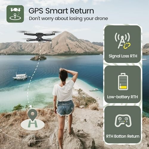 Woman overlooking landscape with drone return icons.