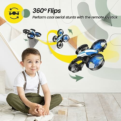 Child sitting on floor with flying drone toy performing flips.