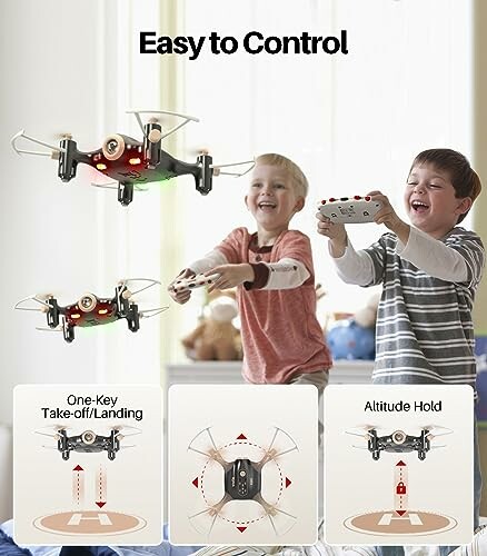 Two boys playing with a drone indoors, demonstrating easy control features.