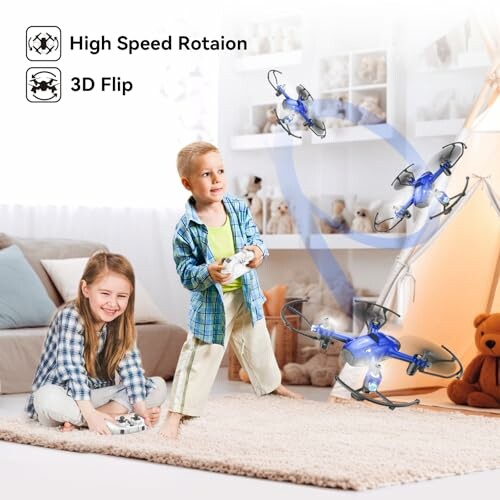 Children playing with a blue drone indoors.