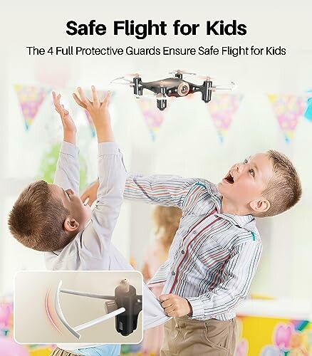 Two boys playing with a small drone indoors, showcasing safe flight guards.