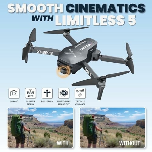 Promotional image of Limitless 5 drone highlighting features like smooth cinematics, GPS auto return, and obstacle avoidance.