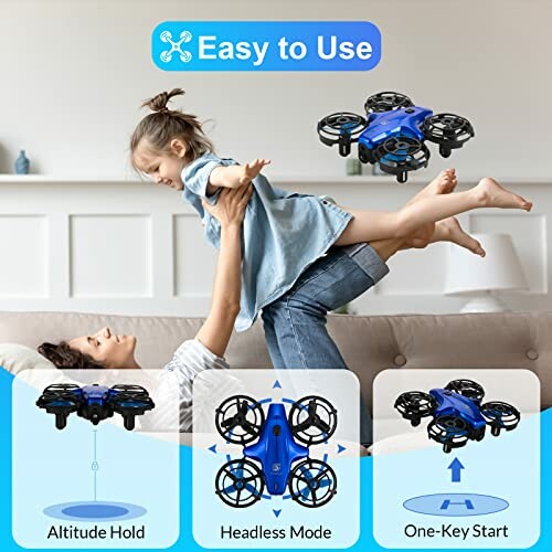 Parent lifting child with mini drone features displayed below.