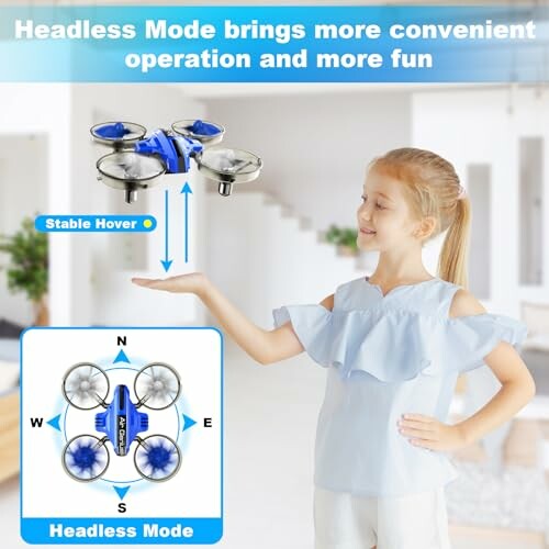 Girl playing with mini drone featuring headless mode and stable hover.