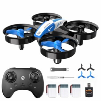 Mini drone with controller, batteries, and accessories.