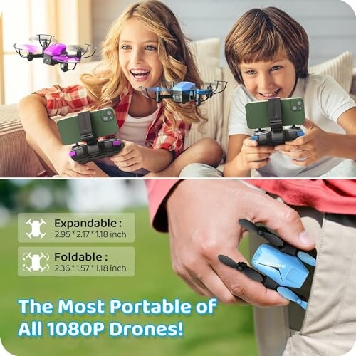 Two children playing with small portable drones.