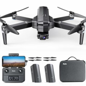 Ruko drone with controller, batteries, propellers, and carrying case.