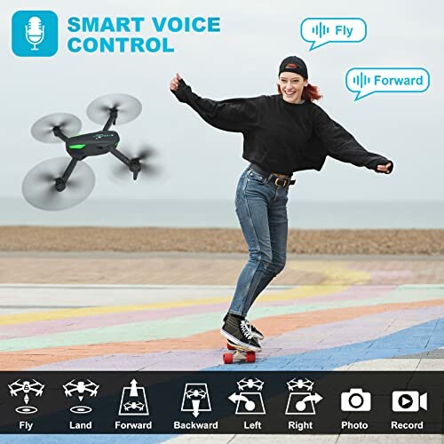 Person skateboarding with a drone and smart voice control features.