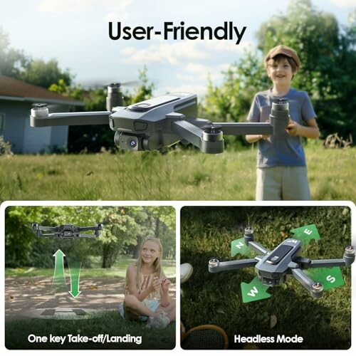 A drone hovering outdoors with user-friendly features, including one key take-off/landing and headless mode.